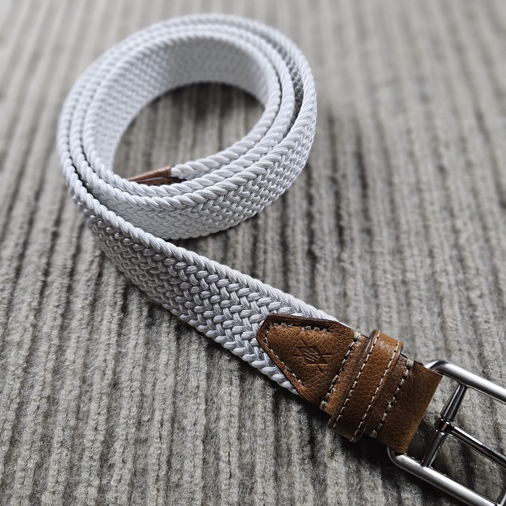 MARTIN DINGMAN Mens Italian Rayon Woven Golf Belt Stretch 44 Leather Trim White